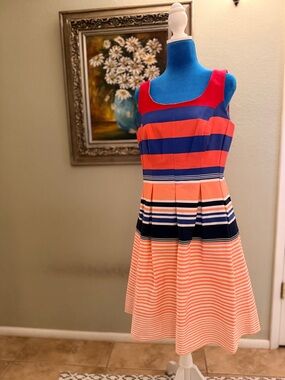Tiana B. Striped Coral, Navy & Red Fit-and-Flare Dress